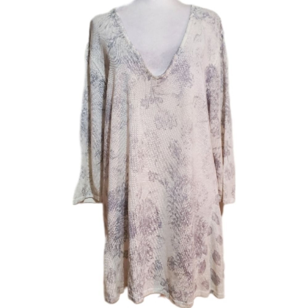 J. Jill linen rayon gray cream floral V neck knit lightweight tunic sweater L